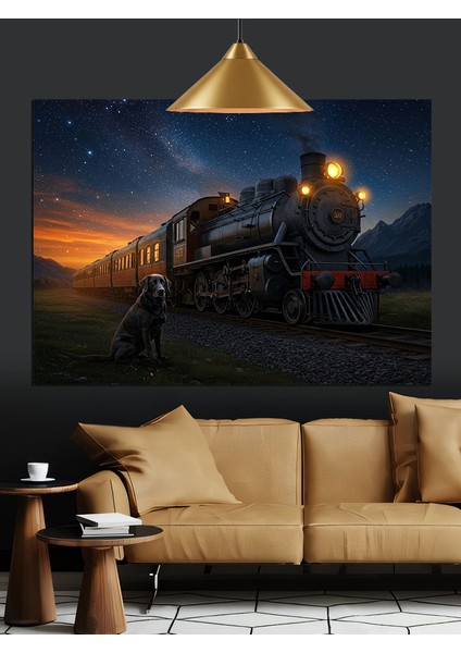 Tren Istasyonunda Duran Buharlı Lokomotif Dekoratif Kanvas - Mdf Ahşap Tablo fırsatları