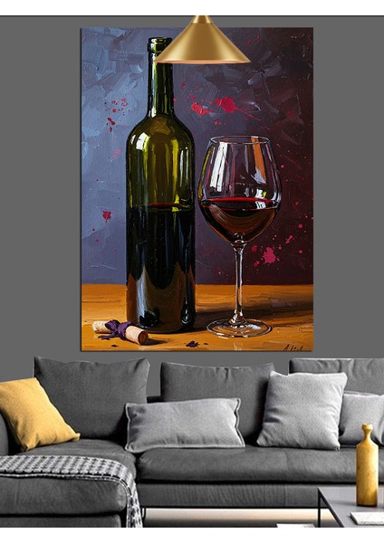 Şarap Şişesi Kadehi ve Mantar Tıpalı Dekoratif Kanvas - Mdf Ahşap Tablo