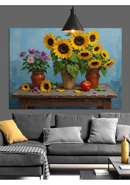 Ayçiçekleri Vazo Çiçek Aranjmanı Dekoratif Kanvas - Mdf Ahşap Tablo