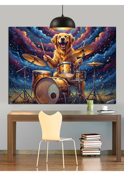 Davul Çalan Sevimli Altın Retriever Dekoratif Kanvas - Mdf Ahşap Tablo