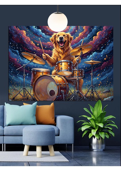 Davul Çalan Sevimli Altın Retriever Dekoratif Kanvas - Mdf Ahşap Tablo fiyatları