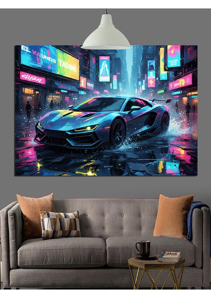 Neon Spor Araba Hız Dekoratif Kanvas - Mdf Ahşap Tablo