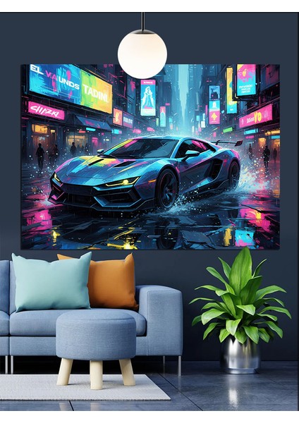 Neon Spor Araba Hız Dekoratif Kanvas - Mdf Ahşap Tablo modelleri