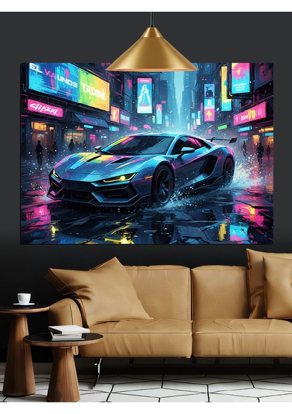 Neon Spor Araba Hız Dekoratif Kanvas - Mdf Ahşap Tablo fırsatları