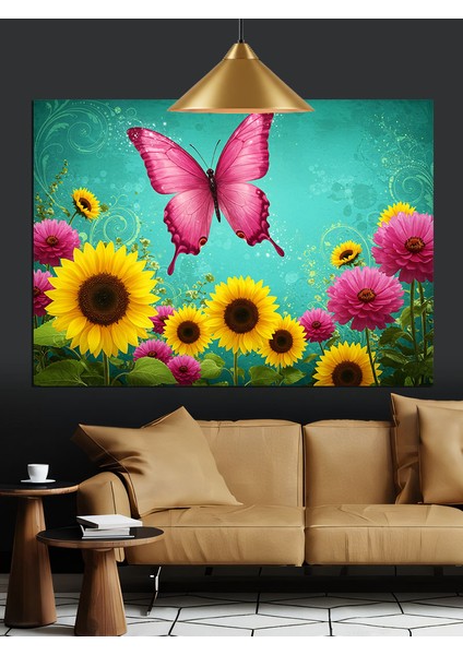 Kelebek Ayçiçeği Renkli Çiçek Dekoratif Kanvas - Mdf Ahşap Tablo fiyatları