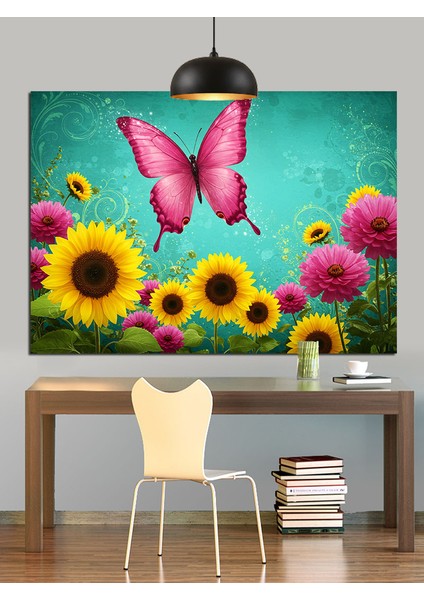 Kelebek Ayçiçeği Renkli Çiçek Dekoratif Kanvas - Mdf Ahşap Tablo indirimleri