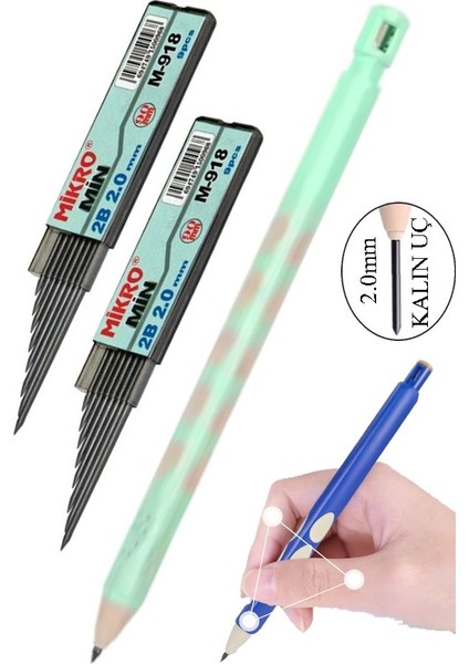 Kalın Uçlu Versatil Kalem 2.0 mm Açık Yeşil 1 Adet ve 2.0 mm Kalın Uç Siyah 2 Adet Kalın Uçlu Mekanik Kalem