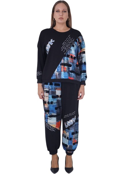 Büyük Beden Payetli Yazılı Bluz Pantalon Alt Üst Ikili Viskon Takım