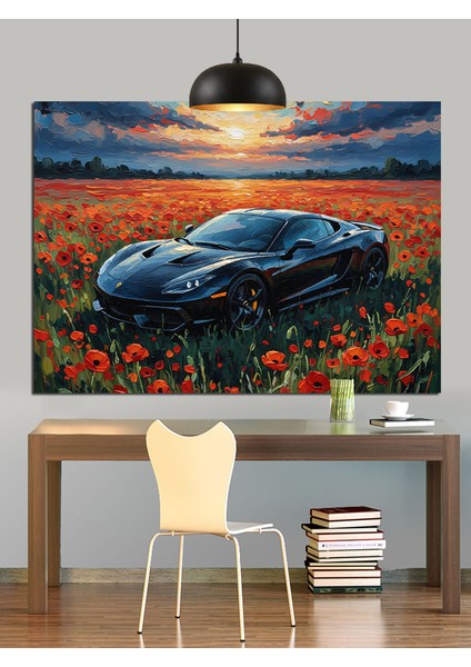 Gelincik Çiçekleri ve Spor Araba Dekoratif Kanvas - Mdf Ahşap Tablo