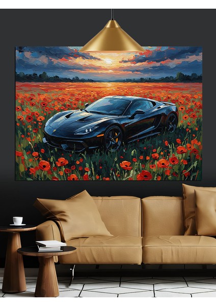 Gelincik Çiçekleri ve Spor Araba Dekoratif Kanvas - Mdf Ahşap Tablo modelleri