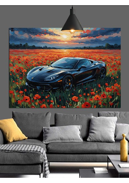 Gelincik Çiçekleri ve Spor Araba Dekoratif Kanvas - Mdf Ahşap Tablo fırsatları