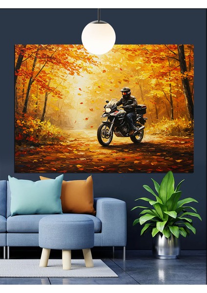 Motosikletli Sürücü Orman Yolu Dekoratif Kanvas - Mdf Ahşap Tablo