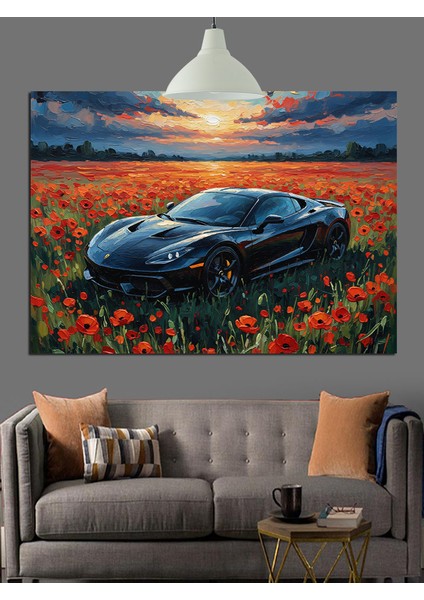 Gelincik Çiçekleri ve Spor Araba Dekoratif Kanvas - Mdf Ahşap Tablo indirimleri