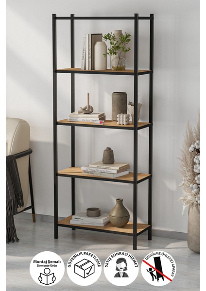 5 Raflı Kitaplık Dekoratif Kitaplık Metal Kitaplık Ofis Kitaplığı Aksesuar Rafı Efes Safir Meşe