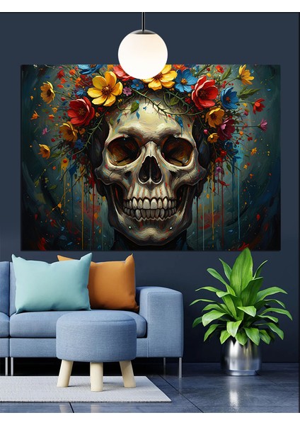 Çiçek Taçlı Gülen Kafatası Dekoratif Kanvas - Mdf Ahşap Tablo modelleri