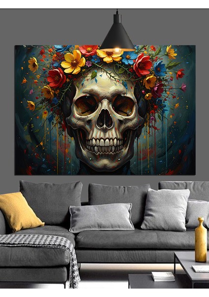Çiçek Taçlı Gülen Kafatası Dekoratif Kanvas - Mdf Ahşap Tablo indirimleri