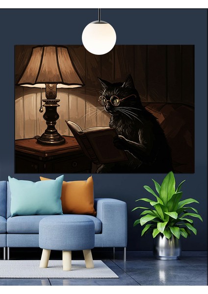 Karanlıkta Kitap Okuyan Kedi Dekoratif Kanvas - Mdf Ahşap Tablo