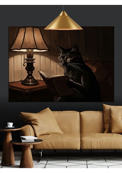 Karanlıkta Kitap Okuyan Kedi Dekoratif Kanvas - Mdf Ahşap Tablo fiyatları