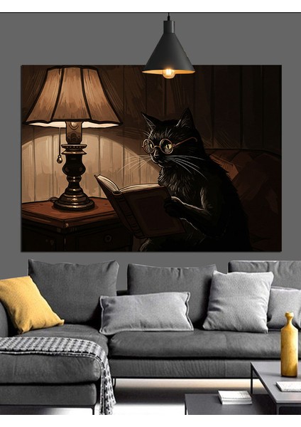 Karanlıkta Kitap Okuyan Kedi Dekoratif Kanvas - Mdf Ahşap Tablo modelleri