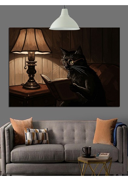 Karanlıkta Kitap Okuyan Kedi Dekoratif Kanvas - Mdf Ahşap Tablo fırsatları