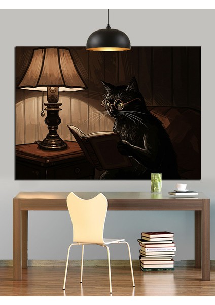 Karanlıkta Kitap Okuyan Kedi Dekoratif Kanvas - Mdf Ahşap Tablo indirimleri