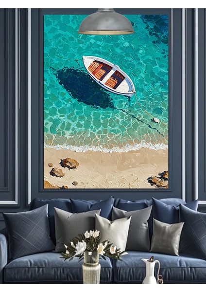 Açık Denize Yanaşan Kırmızı Sandal Dekoratif Kanvas - Mdf Ahşap Tablo