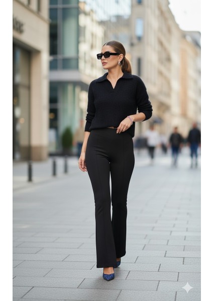 Yandan Fermuarlı Yüksek Bel Esnek Ispanyol Paça Tayt – Kadın Pantolon Modeli- Siyah ve Kahve