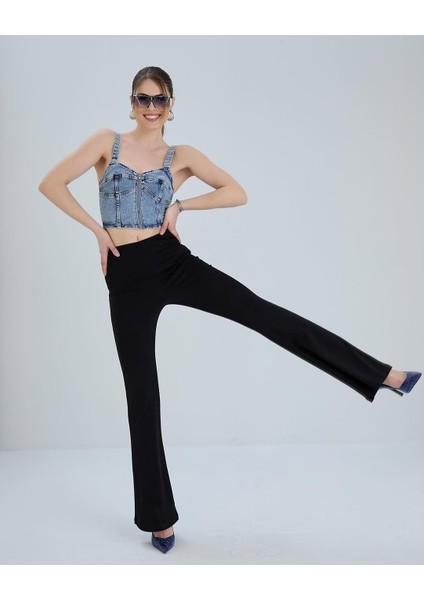 Yandan Fermuarlı Yüksek Bel Esnek Ispanyol Paça Tayt – Kadın Pantolon Modeli- Siyah ve Kahve fırsatları