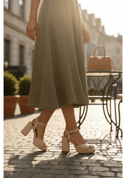 Bello Bej Cilt ( 9 cm Topuk ) Platform Topuklu Günlük Ayakkabı modelleri