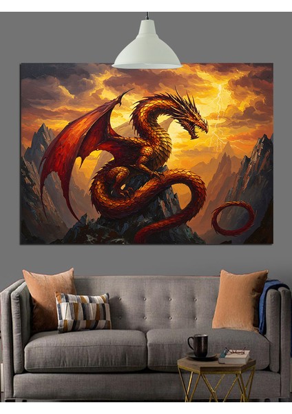Yanan Ateşli Mitolojik Ejderha Dekoratif Kanvas - Mdf Ahşap Tablo