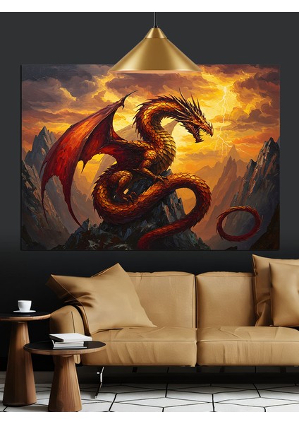 Yanan Ateşli Mitolojik Ejderha Dekoratif Kanvas - Mdf Ahşap Tablo fırsatları