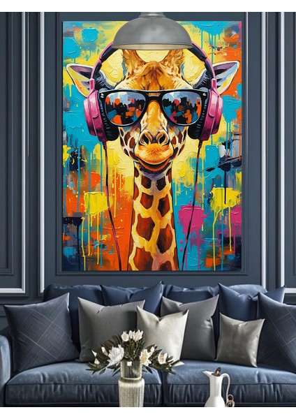 Gözlük Takmış Renkli Komik Zürafa Portresi Dekoratif Kanvas - Mdf Ahşap Tablo