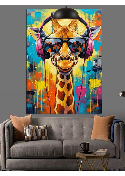 Gözlük Takmış Renkli Komik Zürafa Portresi Dekoratif Kanvas - Mdf Ahşap Tablo fiyatları