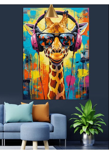 Gözlük Takmış Renkli Komik Zürafa Portresi Dekoratif Kanvas - Mdf Ahşap Tablo modelleri