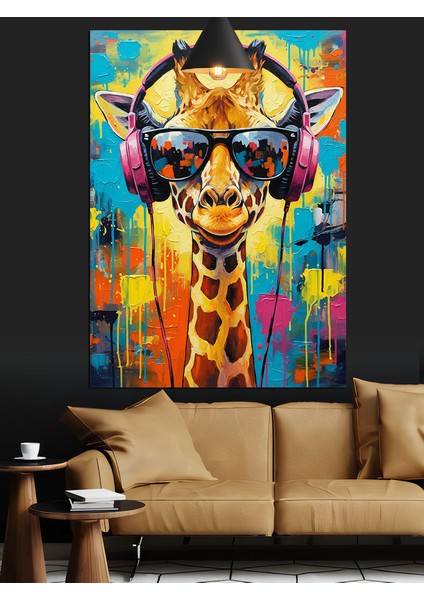 Gözlük Takmış Renkli Komik Zürafa Portresi Dekoratif Kanvas - Mdf Ahşap Tablo fırsatları
