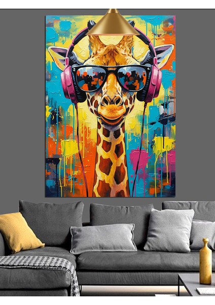 Gözlük Takmış Renkli Komik Zürafa Portresi Dekoratif Kanvas - Mdf Ahşap Tablo indirimleri