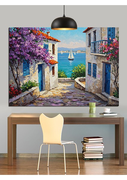 Akdeniz Kasabası Mavi Kapılar Dekoratif Kanvas - Mdf Ahşap Tablo