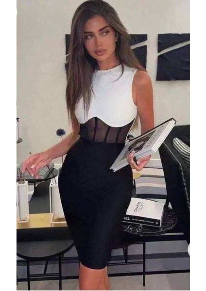 Kadın Bisiklet Yaka Kolsuz Çift Renk ve Bel Transparan Korse Detay Midi Boy Elbise fiyatları