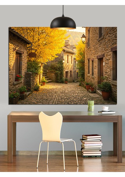 Sonbahar Yapraklı Dar Taş Sokak Dekoratif Kanvas - Mdf Ahşap Tablo