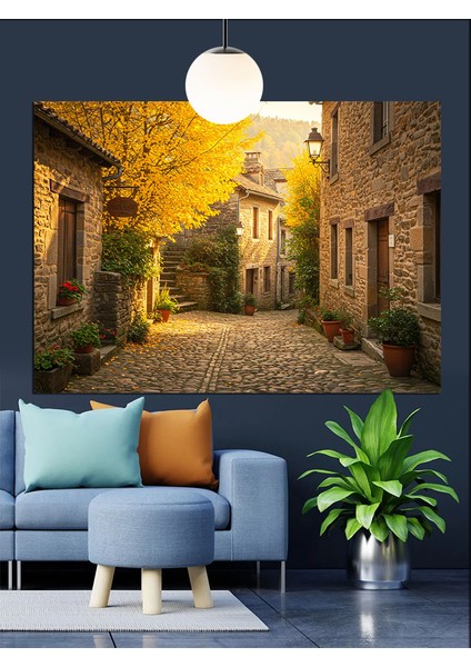 Sonbahar Yapraklı Dar Taş Sokak Dekoratif Kanvas - Mdf Ahşap Tablo fiyatları