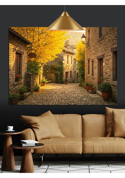Sonbahar Yapraklı Dar Taş Sokak Dekoratif Kanvas - Mdf Ahşap Tablo modelleri