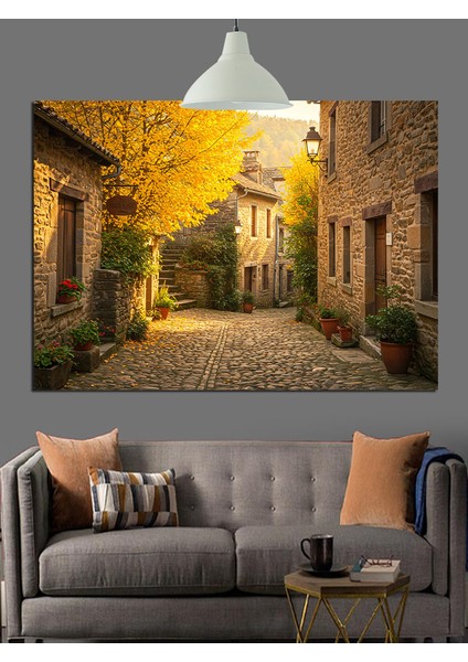 Sonbahar Yapraklı Dar Taş Sokak Dekoratif Kanvas - Mdf Ahşap Tablo indirimleri