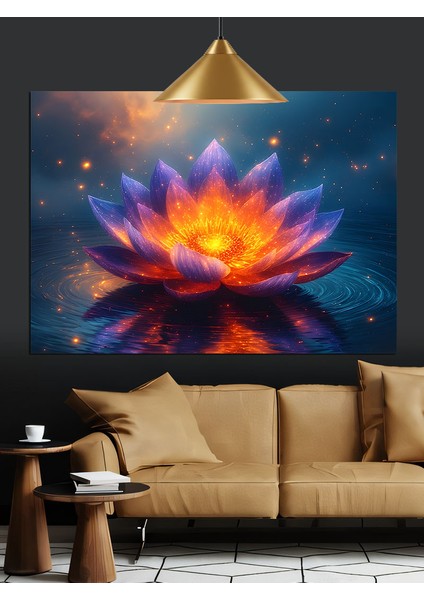 Parlayan Çok Renkli Lotus Çiçeği Dekoratif Kanvas - Mdf Ahşap Tablo