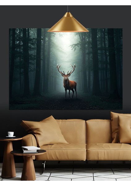 Sisli Ormanda Geyik Silüeti Dekoratif Kanvas - Mdf Ahşap Tablo