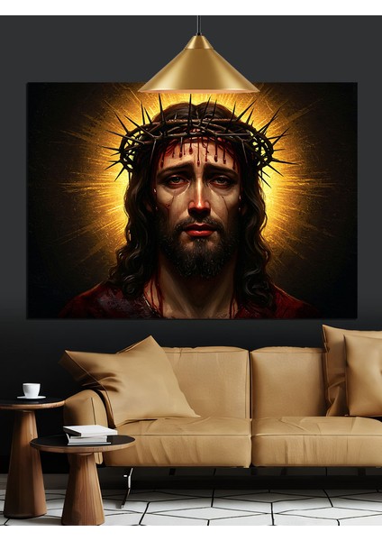 Parlak Taçlı Isa Mesih Portresi Dekoratif Kanvas - Mdf Ahşap Tablo fiyatları