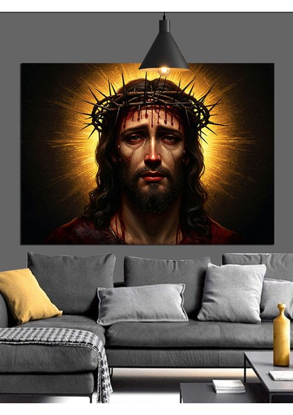 Parlak Taçlı Isa Mesih Portresi Dekoratif Kanvas - Mdf Ahşap Tablo modelleri