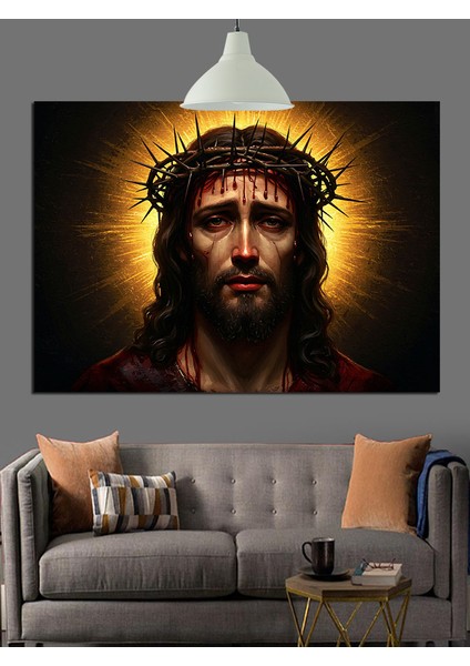 Parlak Taçlı Isa Mesih Portresi Dekoratif Kanvas - Mdf Ahşap Tablo fırsatları