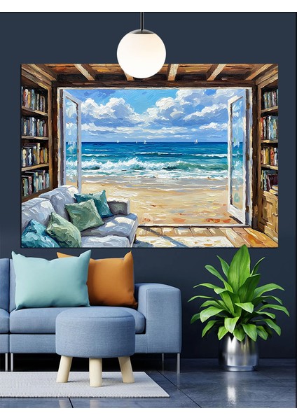 Deniz Manzaralı Açık Pencere Dekoratif Kanvas - Mdf Ahşap Tablo fırsatları