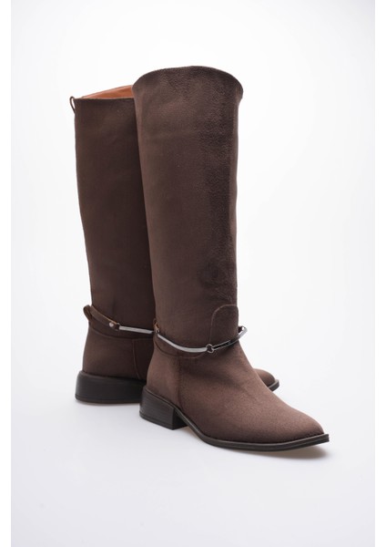 Kadın Süet Çizme Tokalı Kalın Topuklu Kahve Miretta