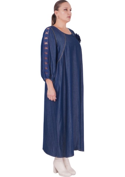 Büyük Beden Çiçek Motifli Küpür Detay Ince Kot Salaş Uzun Kadın Elbise fiyatları